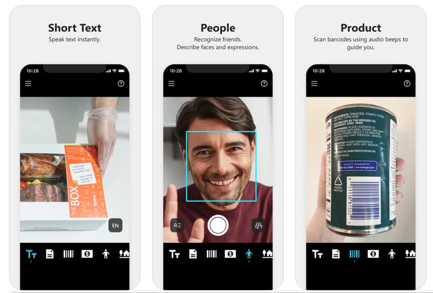 Screenshots of the Seeing AI app in use
