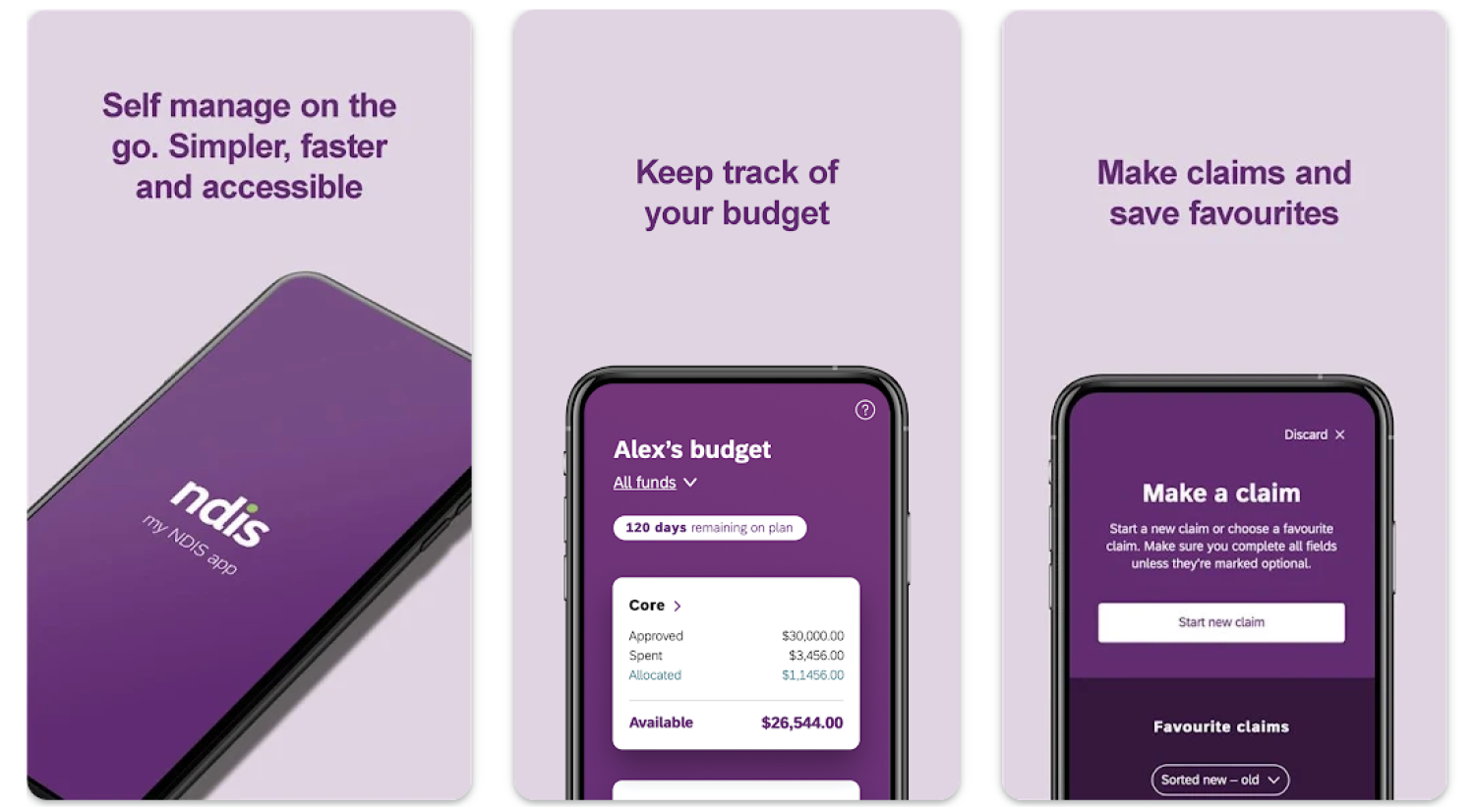 Screenshots of the various pages on the My NDIS - Plan Management/Self Management App
