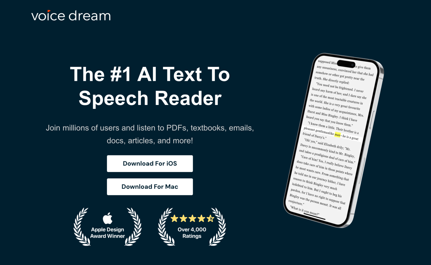 Text "The #1 AI Text To Speech Reader Voice Dream Reader"